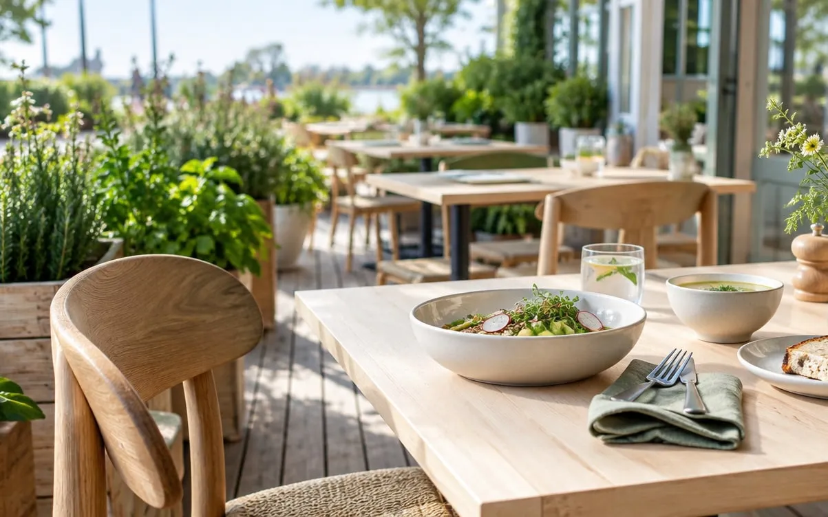 KI-Demo-Foto: Holzdeck mit Tischen und Kräuterkästen