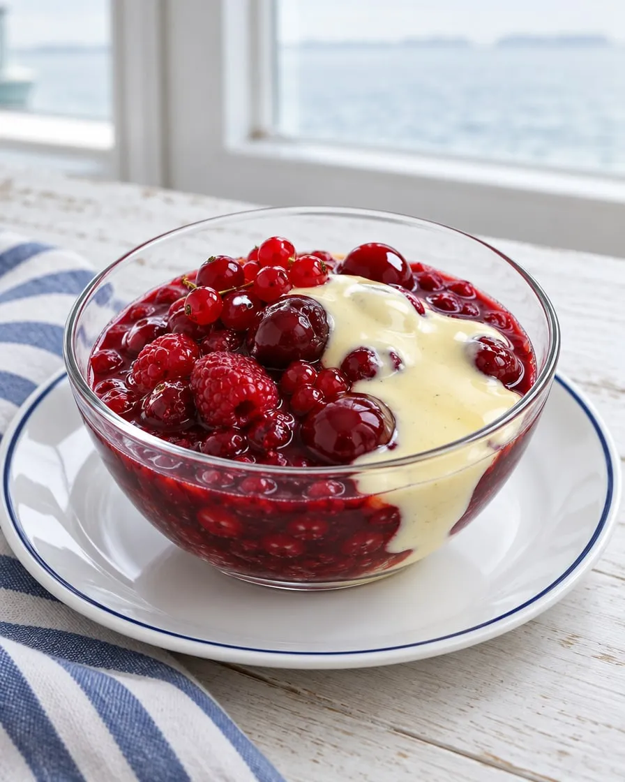 Rote Grütze mit Vanillesauce (Demo-Bild, KI-erzeugt)
