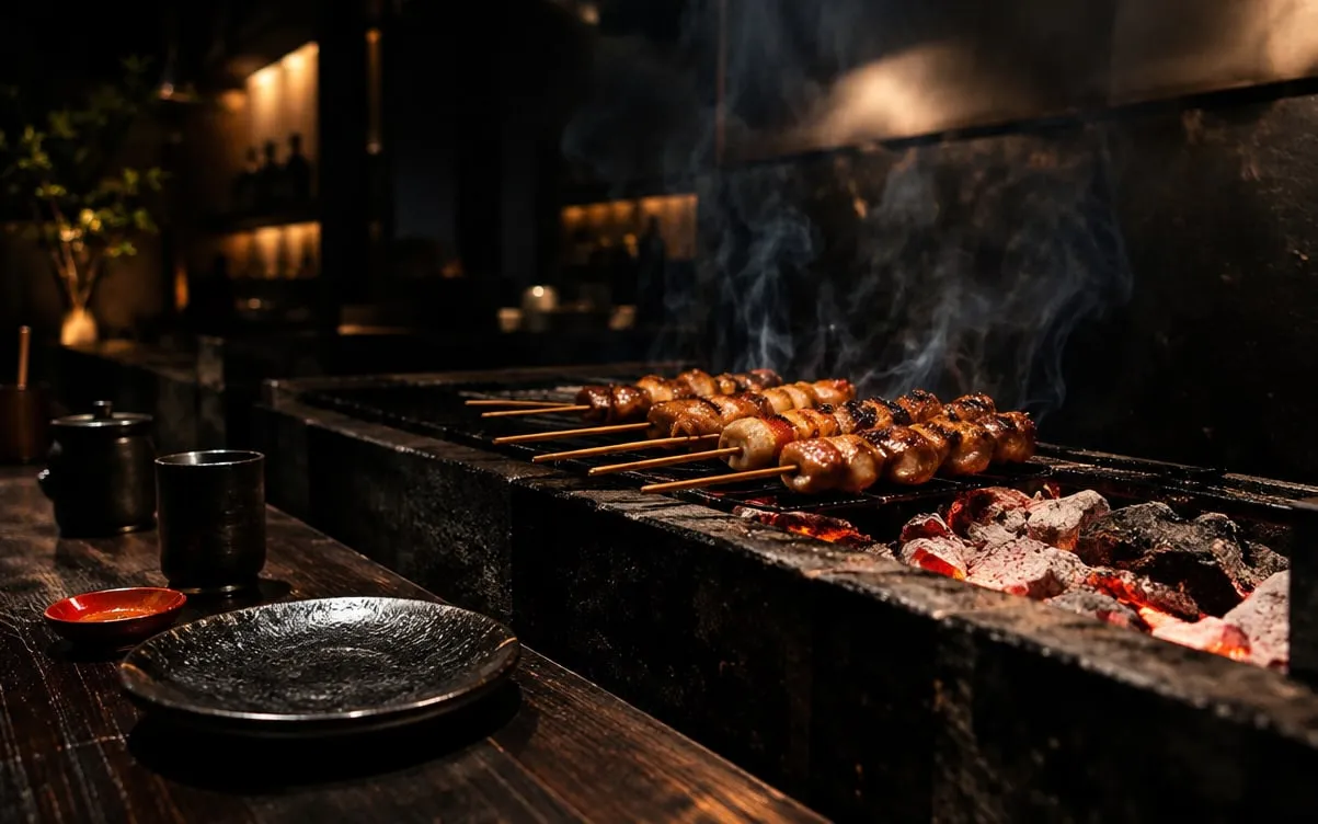 KI-Demo-Foto: Yakitori-Spieße über glühender Holzkohle