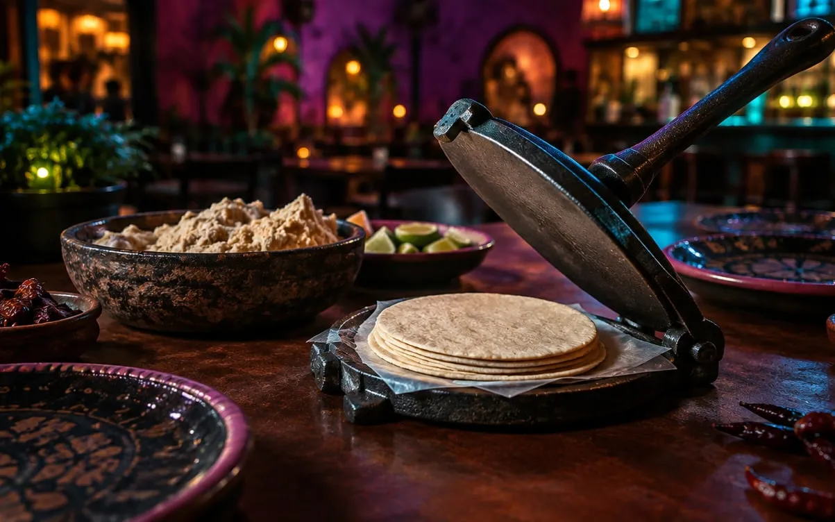 KI-Demo-Foto: Tortillapresse und Maistortillas auf der Küchenlinie