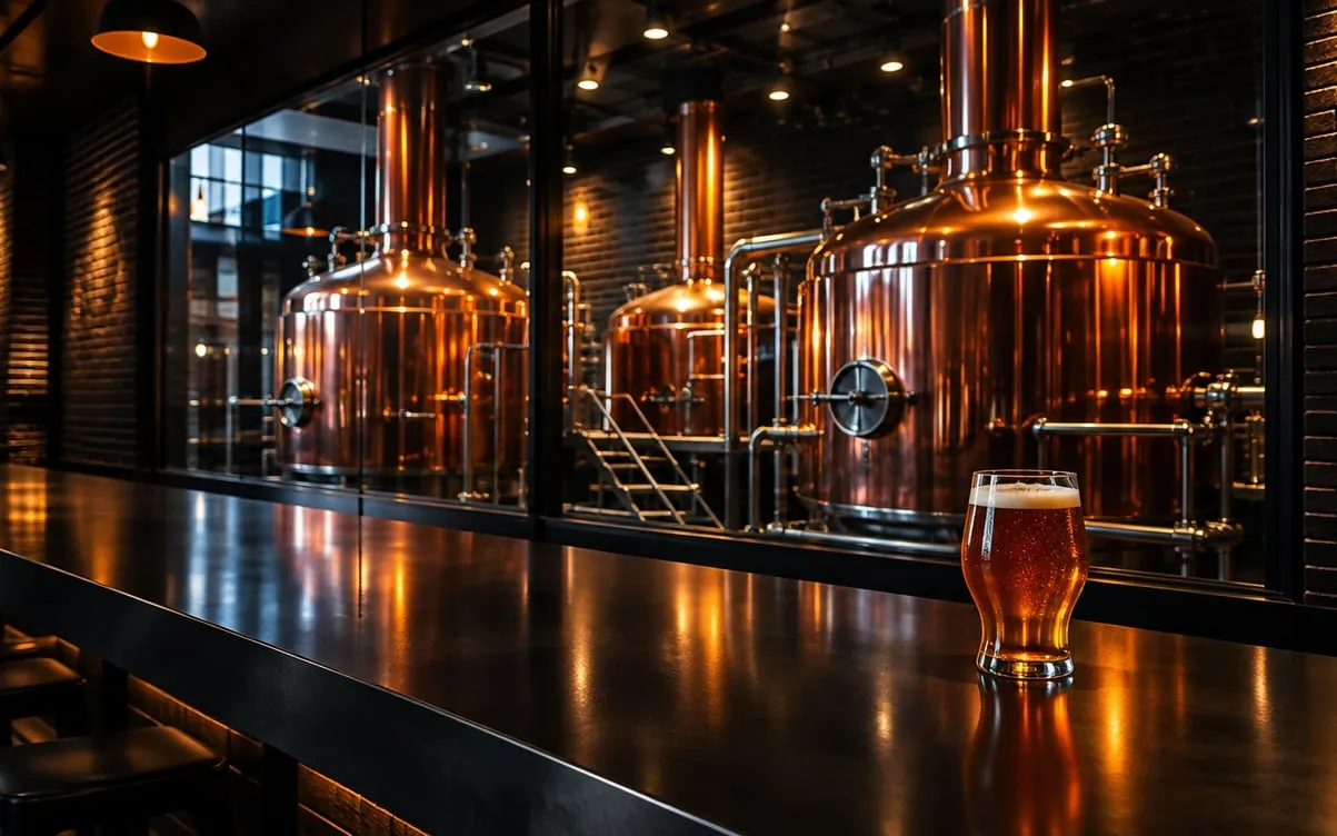 KI-Demo-Foto: Kupferkessel der Hausbrauerei hinter Glas