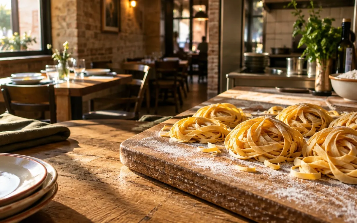 KI-Demo-Foto: frische Tagliatelle auf bemehltem Holzbrett