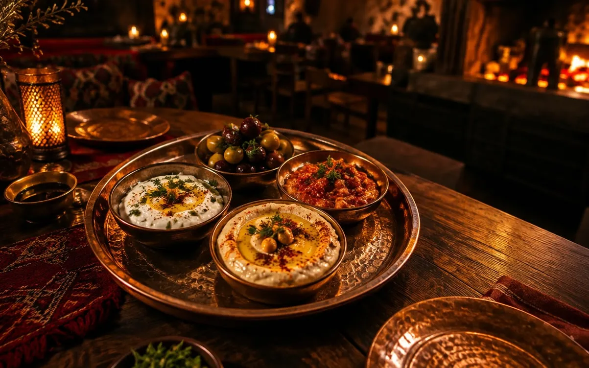 KI-Demo-Foto: Mezze-Schälchen auf Kupfertablett