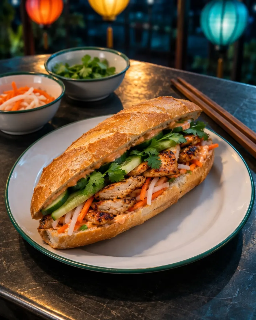 Bánh Mì mit Zitronengras-Hähnchen (Demo-Bild, KI-erzeugt)