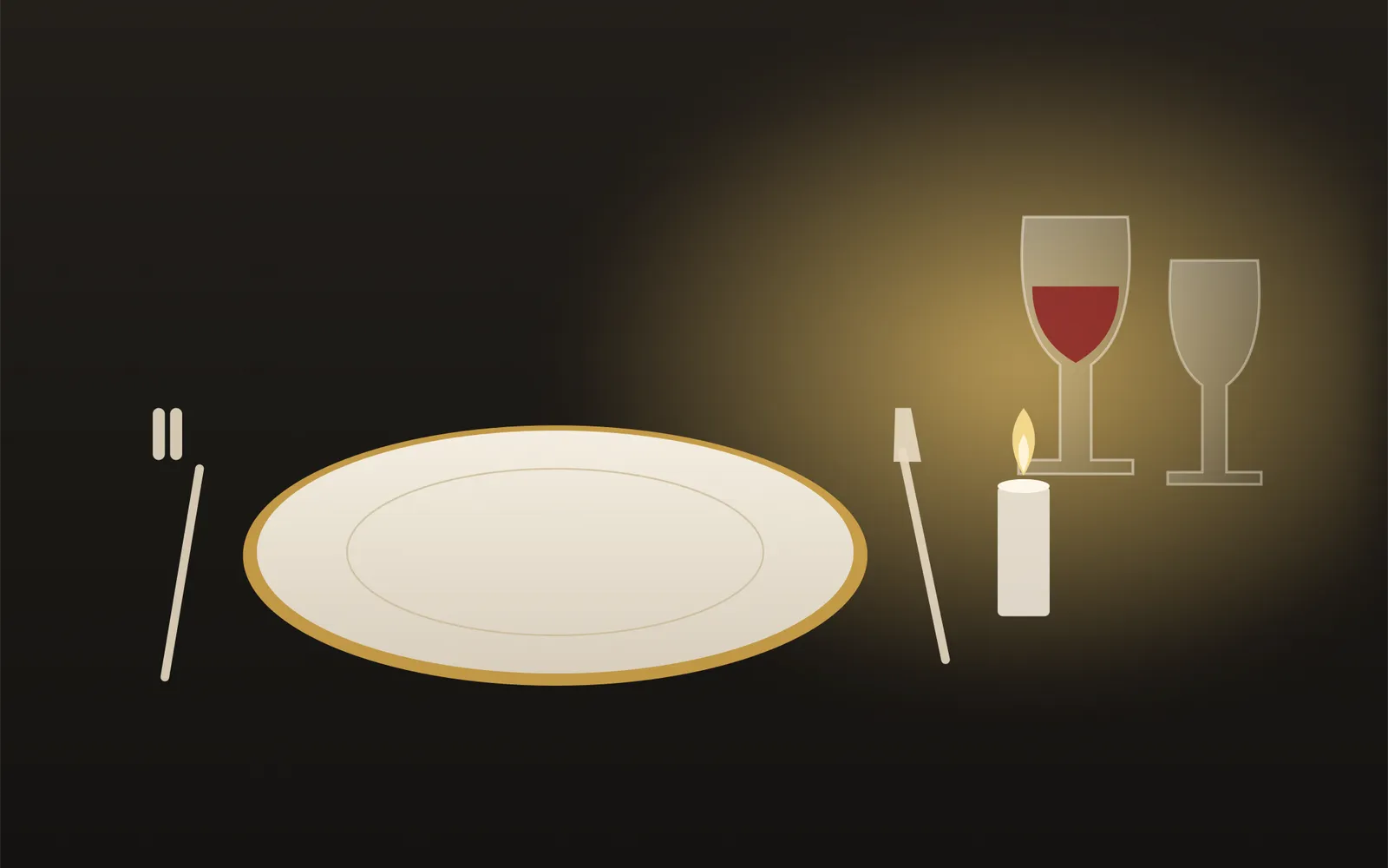 Illustration: gedeckter Tisch im Kerzenlicht mit Teller und Gläsern