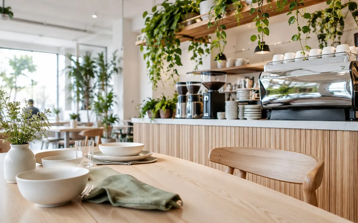 KI-Demo-Foto: Kaffeetresen mit Siebträgermaschine und Hängepflanzen