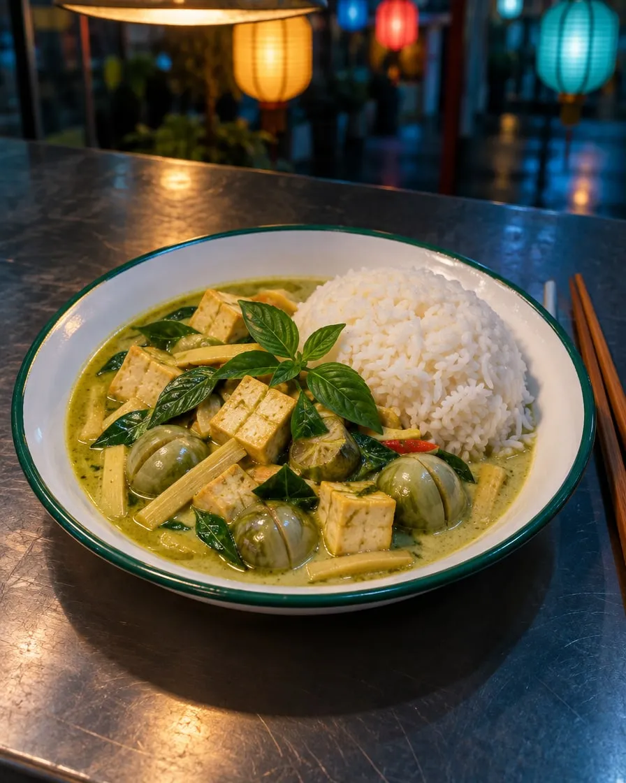 Grünes Curry mit Tofu und Aubergine (Demo-Bild, KI-erzeugt)