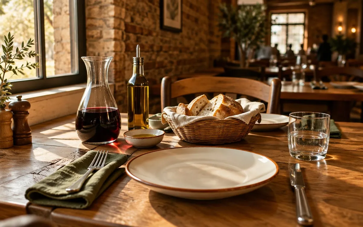 KI-Demo-Foto: gedeckter Tisch mit Olivenöl, Brot und Karaffe