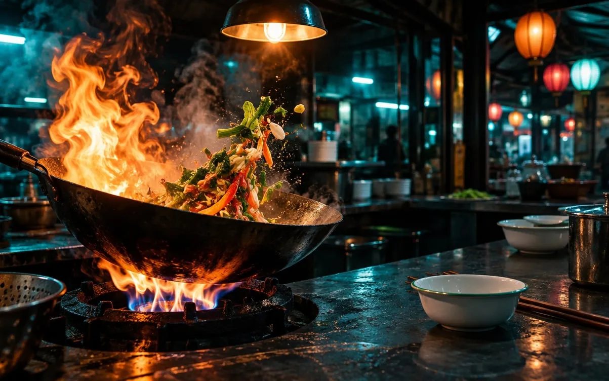 KI-Demo-Foto: Wok mit Flammen an der Kochstation