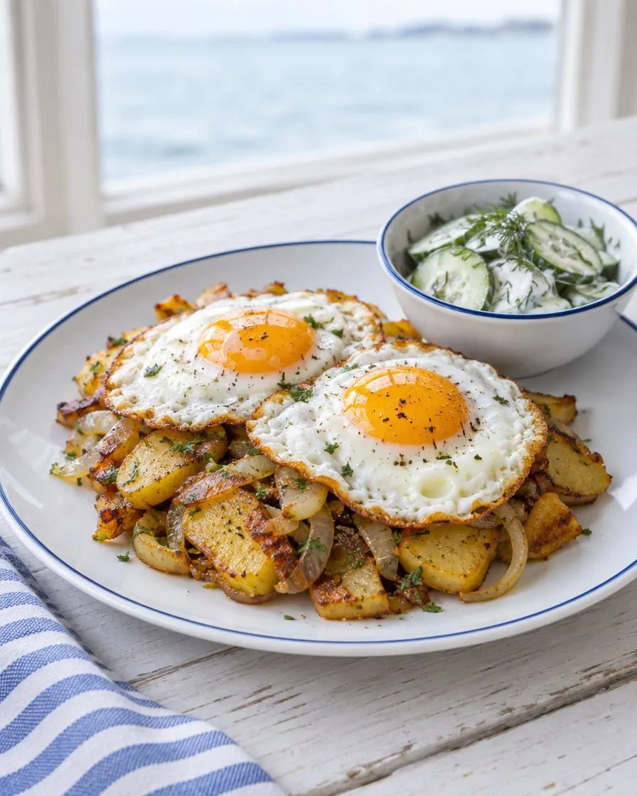 Bratkartoffeln mit Spiegelei und Gurkensalat (Demo-Bild, KI-erzeugt)
