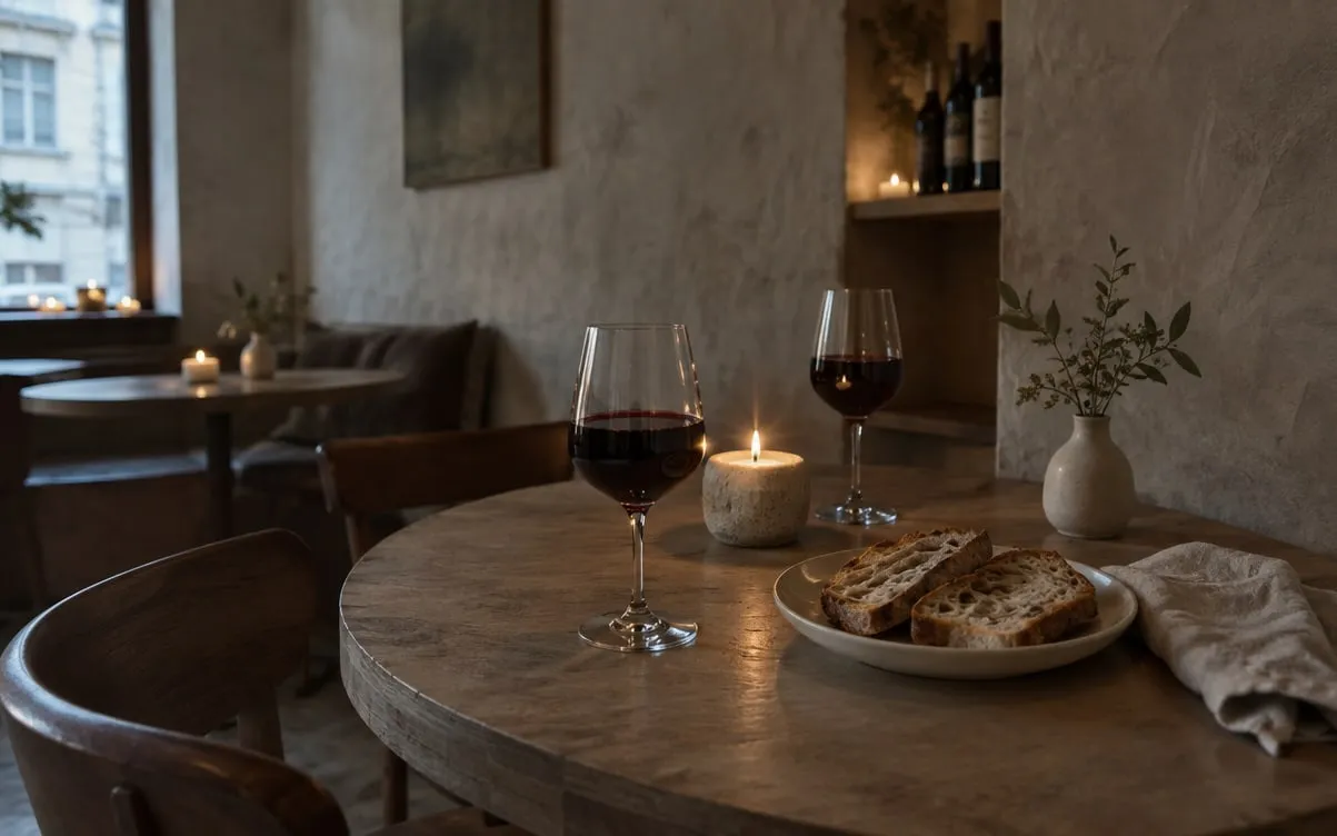 KI-Demo-Foto: kleiner Tisch mit zwei Gläsern und Brot im Kerzenlicht