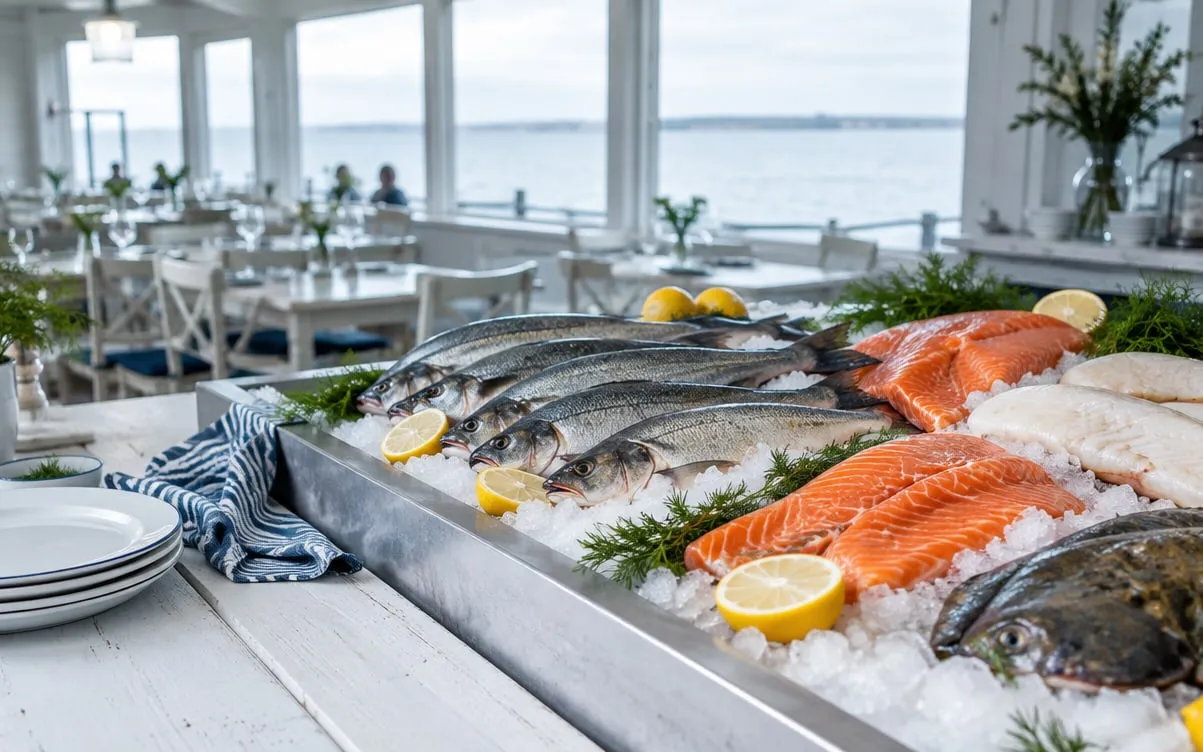 KI-Demo-Foto: frischer Fisch auf Eis in der Vitrine