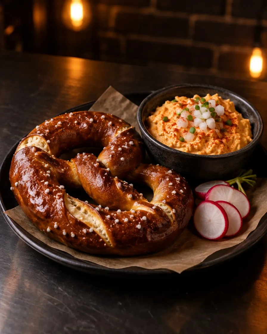 Bierbrezel mit Obatzda (Demo-Bild, KI-erzeugt)