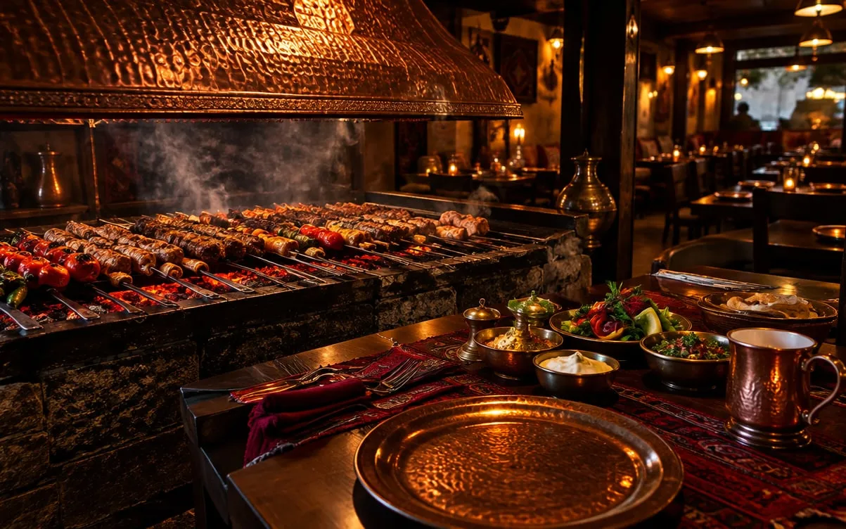 KI-Demo-Foto: offener Holzkohlegrill mit Spießen, Kupferhaube und Glutschein