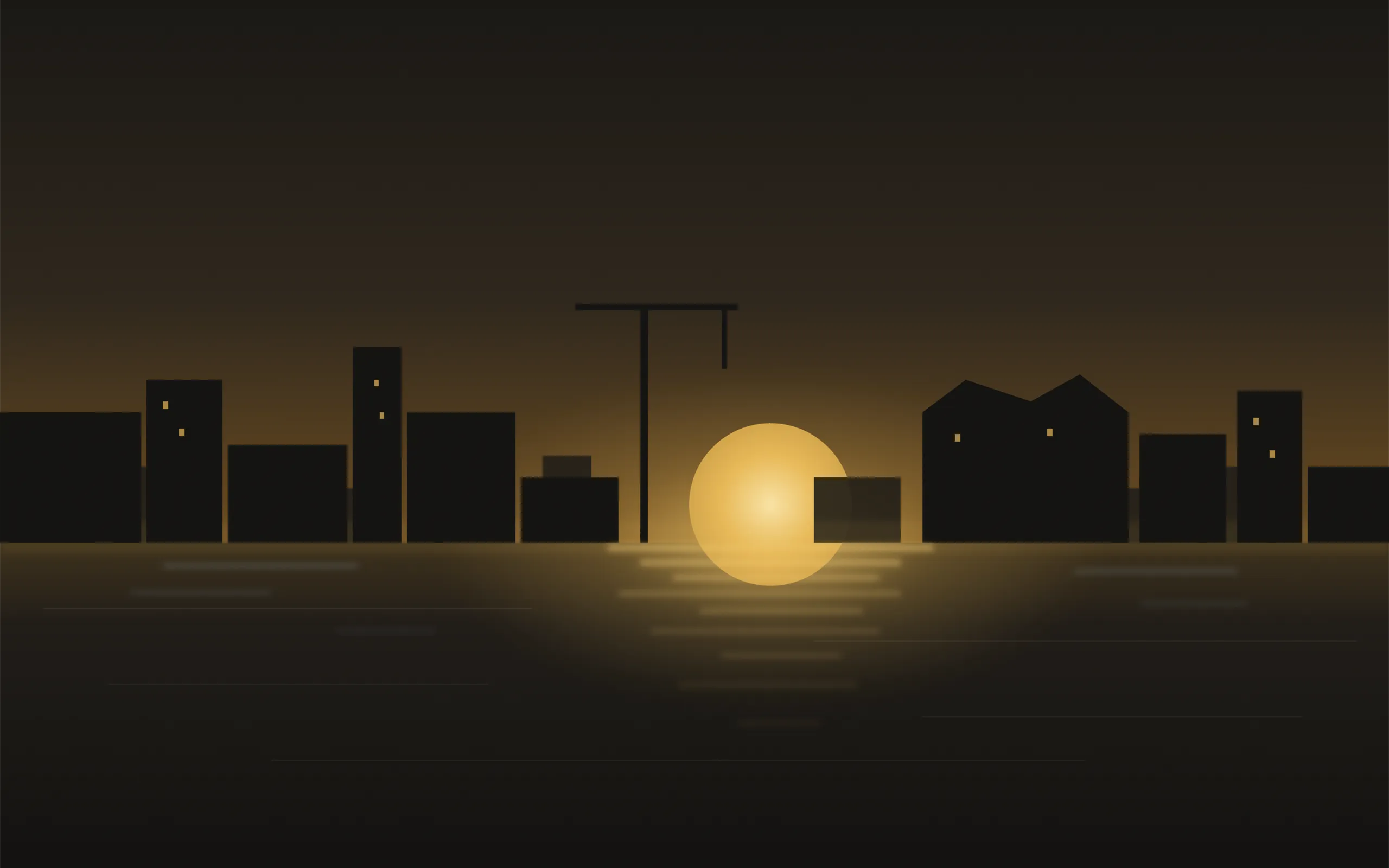 Illustration: goldenes Abendlicht über dem Hafenbecken, Spiegelungen im Wasser