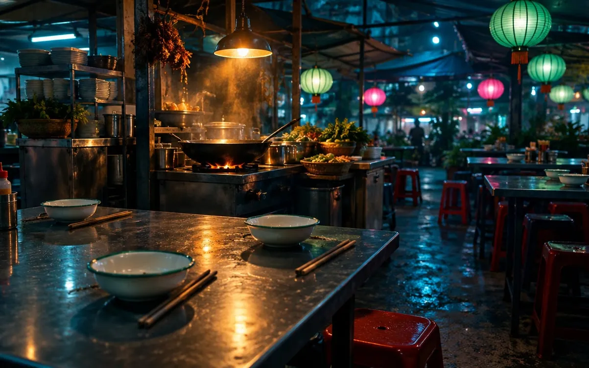 KI-Demo-Foto: Streetfood-Lokal bei Nacht mit Papierlaternen, Hockern und offener Wokstation