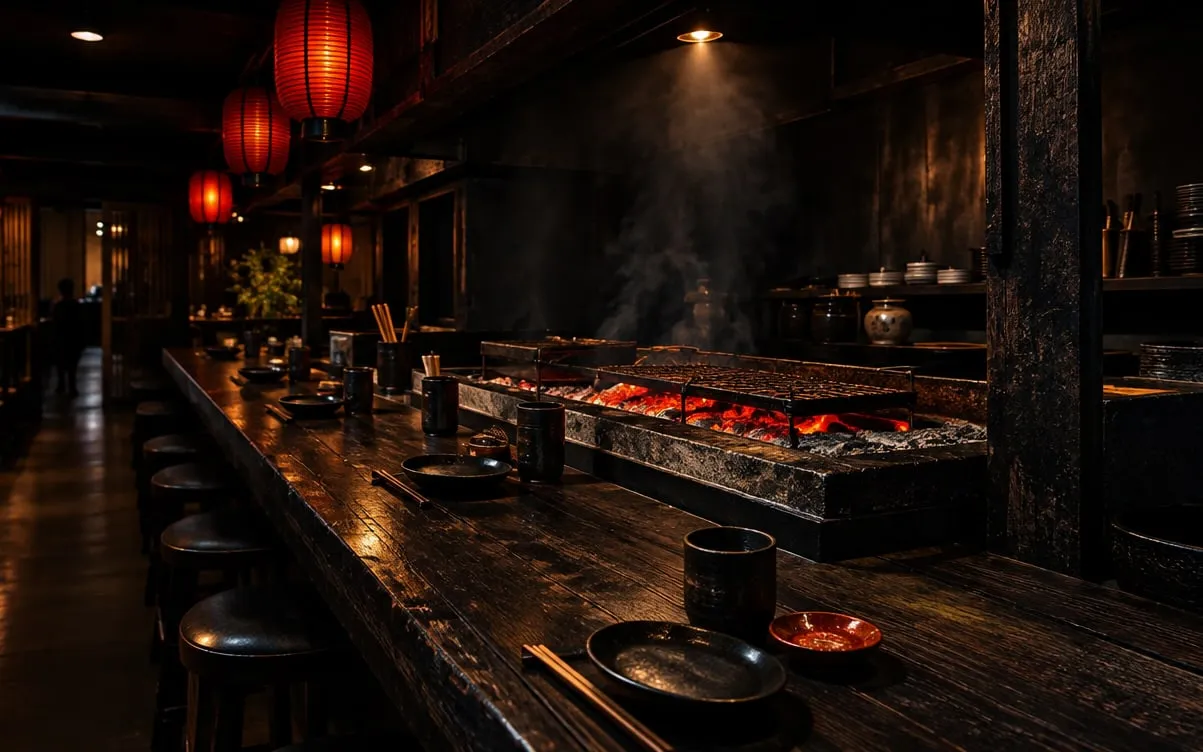KI-Demo-Foto: dunkler Izakaya-Tresen mit Holzkohlegrill und roten Papierlampen